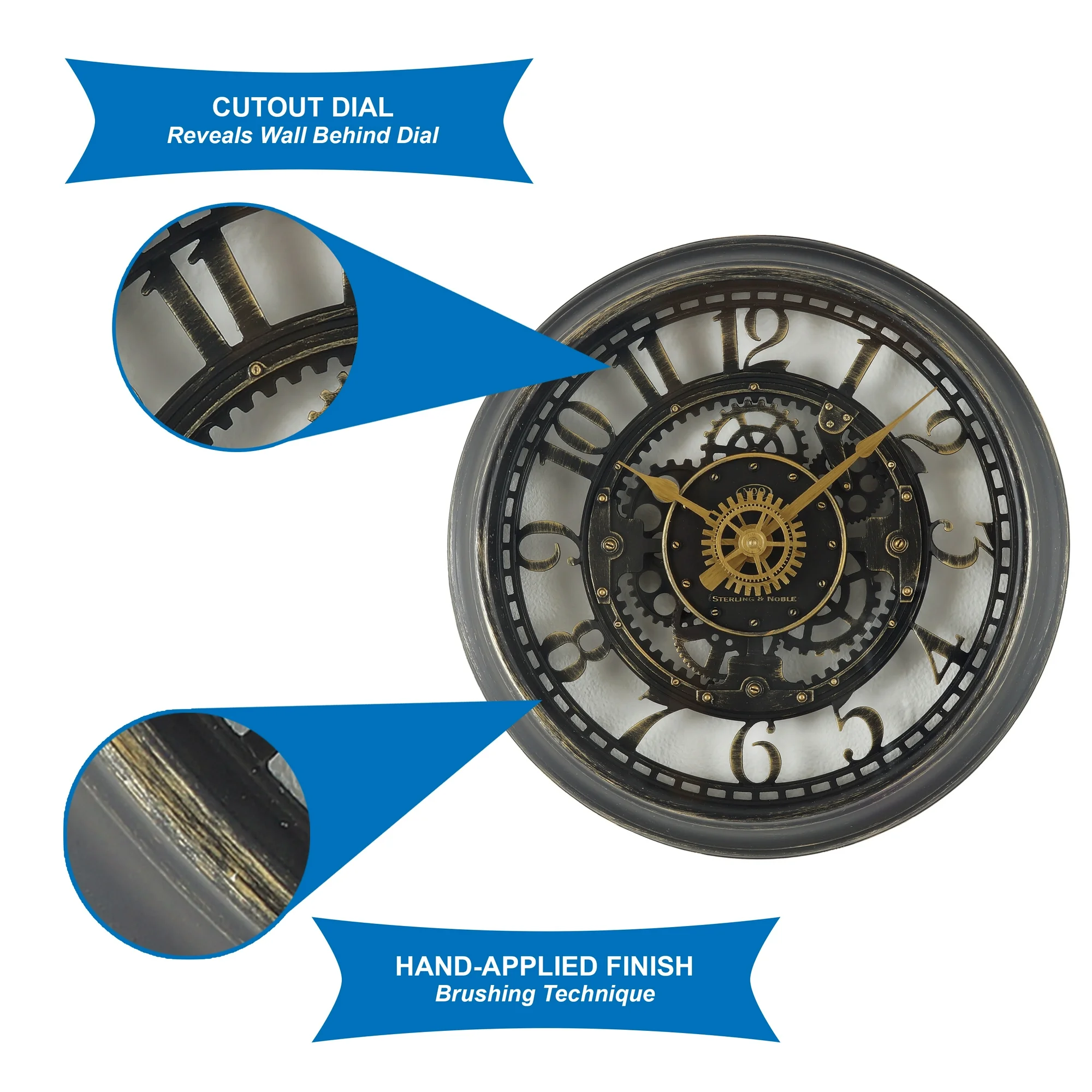 Stiv Indoor Round Bronze Cutout Gear Industrial Analog Wall Clock - Image 2